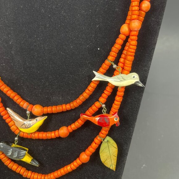 Retro Boho Chic Necklace Orange Wood Beaded Carved Tropical Parrot Bird Vintage - Picture 3 of 12
